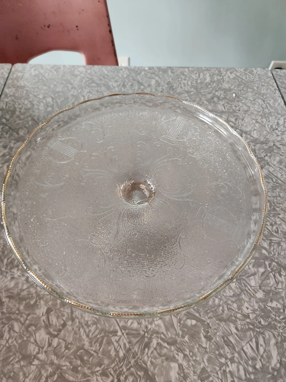 Vintage 1950's Jeannette  Harp Lyre Cake Stand with Scalloped Gold Rim